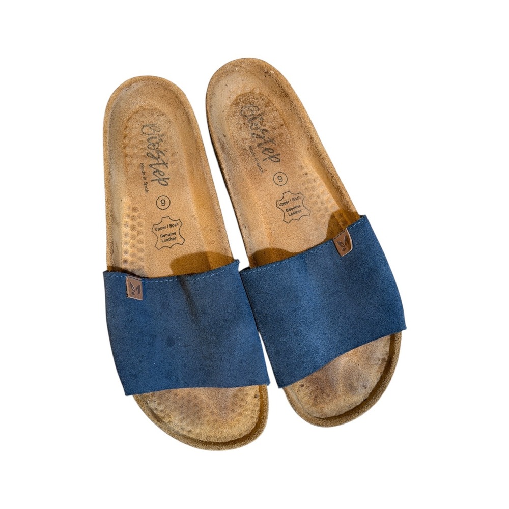 Biostep Suede Slide Sandals Women 9 Blue Cork Footbed Made in Spain Comfort